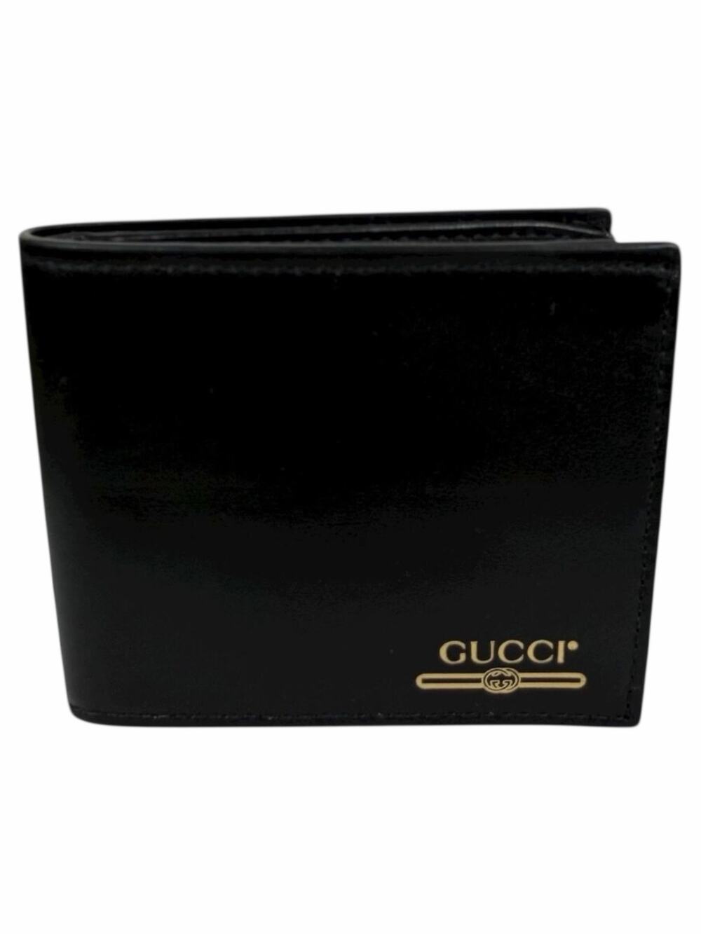 Gucci Gold Logo Leather Bi-fold Wallet Black Men 547585